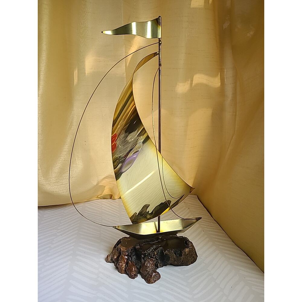 VINTAGE Yosi Mid Century Modern Brass Sailboat Sculpture on Thick Dark Burlwood